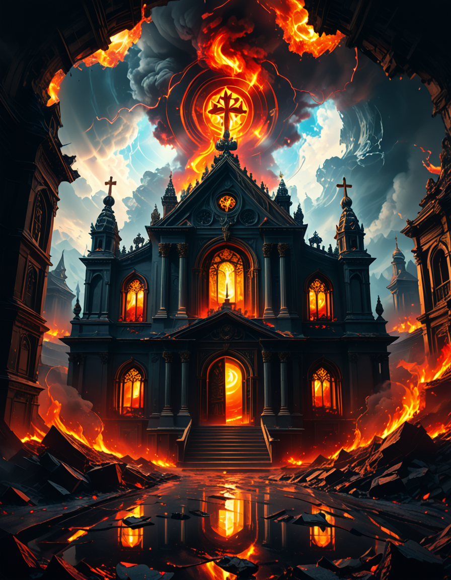 A once-majestic celestial temple, now under siege by the forces of Hell. The grand white stone structure is cracked and scorched, its golden crosses twisted and broken. The stained-glass windows, once glowing with warm divine light, are now shattered, with demonic symbols glowing ominously in their place. The sky, once a serene blue, is now consumed by dark storm clouds, swirling with red lightning and thick smoke.
Black, jagged chains extend from the sky, wrapping around the temple as if trying to pull it down into the abyss. The once-fluffy clouds beneath the structure are now a chaotic mix of fire, ash, and dark mist, with glimpses of molten lava cracks below. Infernal creatures with glowing red eyes lurk in the shadows, their silhouettes barely visible through the smoke and fire.
The temple doors are blown open, revealing an eerie red glow emanating from within, as if Hell itself is consuming the sacred space. Massive demonic runes are etched into the stone, pulsating with an unholy energy. The entire scene is bathed in a deep crimson and orange glow, giving it an apocalyptic and nightmarish atmosphere.
Style & Lighting:
- Dark fantasy, highly detailed
- Dramatic, high-contrast lighting with fiery glows
- Cinematic composition, epic scale
- Strong use of shadows, embers, and atmospheric foghighly detailed and atmospheric view from inside a massive birdcage, large enough for a human to stand inside. The cage is made of ornate, aged metal bars with intricate Victorian-style patterns, curving elegantly towards the domed ceiling. Sunlight filters through the gaps between the bars, casting long, dramatic shadows on the wooden floor. Delicate vines and small flowers have begun to grow around the bars, adding a touch of nature reclaiming the space. The background beyond the cage is blurred, hinting at a lush garden or a mysterious, abandoned mansion. The ambiance is serene yet slightly melancholic, with warm golden light illuminating dust particles floating in the air. Soft feathers are scattered on the floor, adding to the sense of quiet abandonment. The perspective makes the viewer feel as if they are inside the cage, looking outward, surrounded by both beauty and confinement. The style is highly detailed and realistic, with a cinematic and slightly surreal atmosphere.
<lora:SDXLFaeTastic2400:0.4> <lora:extremely_detailed:0.4> extremely detailed,evil celestial t3mpl3, <lora:evil_celestial_t3mpl3-p:1>, Masterpiece,best quality,hi res,8k,hi res,8k,award winning,(sharp focus, intricate, highly detailed),