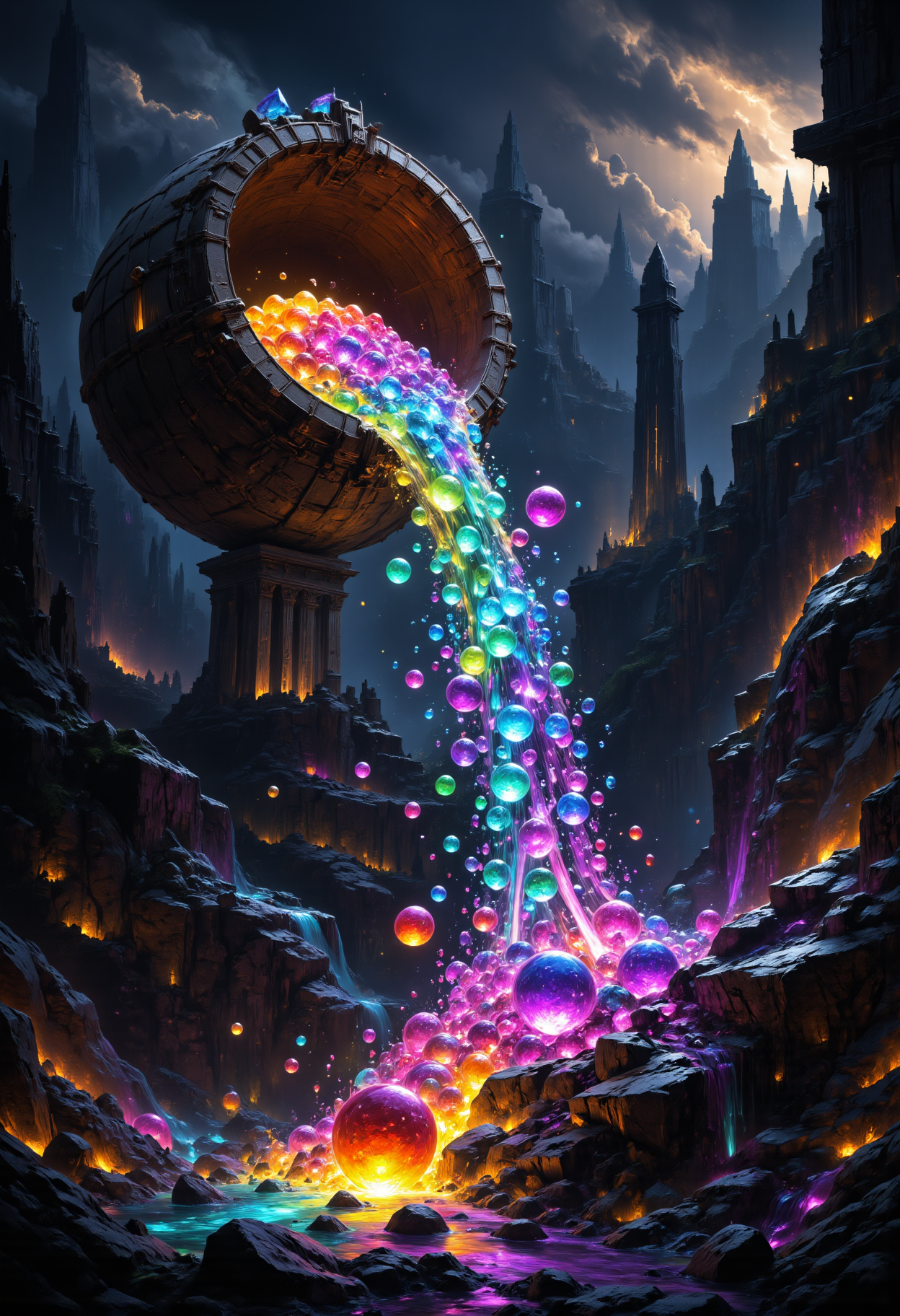 A mysterious flowof colorful magic gemstone spheres is being poured from a ((tilted colossal stone and iron crucible))and rolls through a fantasy landscape, the spheres roll along a like an avalanche and emit a brilliant light, (some of the spheres magically levitate in the air), a thick forest of large black obelisks stands at the edge of the river, magical golden sparks and flecks of light flit around in the air, the sky is epic and dark with low grey clouds and orange lightning, very dark background, high contrast, aidmasoftglow , aidmaMJ6.1, aidmaHyperrealism<lora:MysticFantasydetailer:0.6> <lora:aidmaSoftGlow:0.8> <lora:aidmaHyperrealismv0.3:0.4> <lora:aidmaMJ6.1v0.4:0.4> <lora:FluxDFaeTasticDetails:0.6>