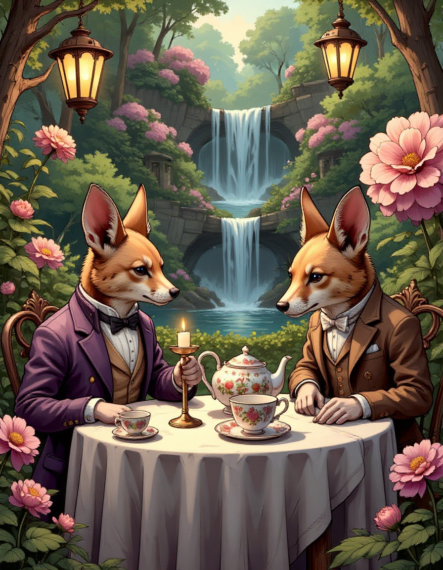 A whimsical tea party in a magical garden: Anthropomorphic animals dressed in Victorian attire, sitting around a beautifully set table with intricate teapots and cups. The garden is filled with oversized flowers, glowing lanterns, and a gentle waterfall.