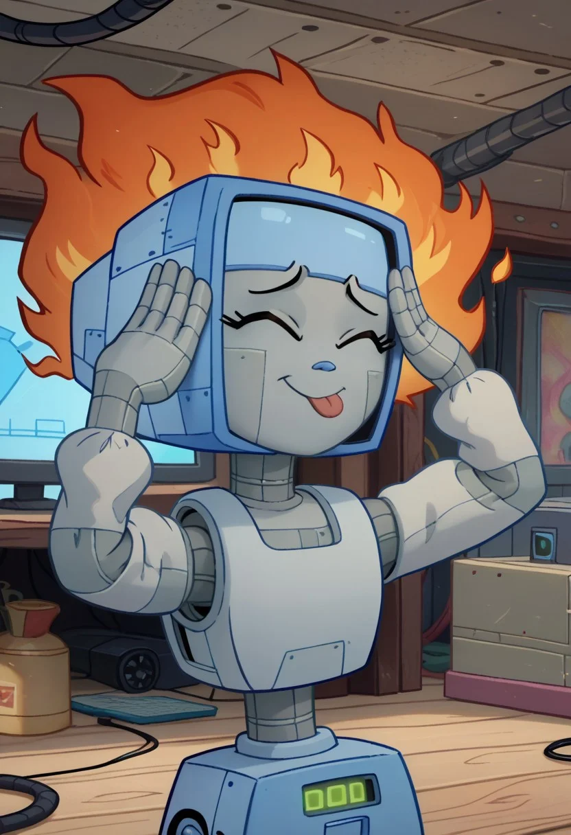 score_9, score_8_up, score_7_up, 
KarenSB, 1girl, robot girl, metal body, blue computer head, black screen, wheels,
AhEtoBlehMeme, closed eyes, tongue out, :p, hands on own head, smile, cables on the ground, electric sparks in background, flames in background,