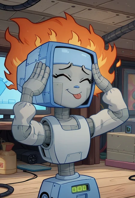score_9, score_8_up, score_7_up, 
KarenSB, 1girl, robot girl, metal body, blue computer head, black screen, wheels,
AhEtoBlehMeme, closed eyes, tongue out, :p, hands on own head, smile, cables on the ground, electric sparks in background, flames in background,