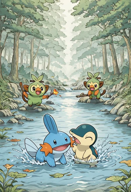 pokemon (creature), mudkip, cyndaquil, grookey, style, thick lines, outline, no humans, starter trio, playful interaction, outdoors, lush forest clearing, shallow pond, rocks and plants, soft sunlight filtering through trees, mudkip splashing water, cyndaquil lighting small flames on leaves, grookey tapping a rock with stick rhythmically, warm and cheerful mood, friendship, nature, dynamic group composition, morning light