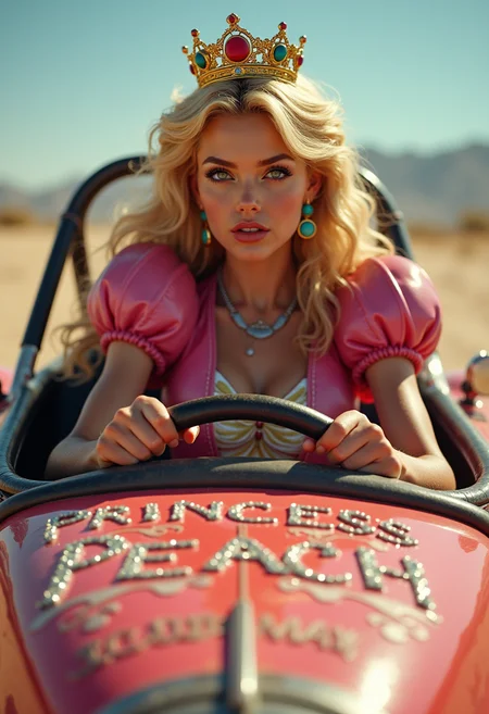 Detailed, masterpiece, professional, bold colors, awe inspiring, photography inspired by Jeremy Mann, 30mm shot, action scene, HDR, Princess Peach racing in dune buggy, realistic, gritty, cinematic, dystopian, realistic skin texture, real life,, "PRINCESS PEACH" writen on hood of car, bejeweled writing, wearing road leathers, driving, holding steering wheel