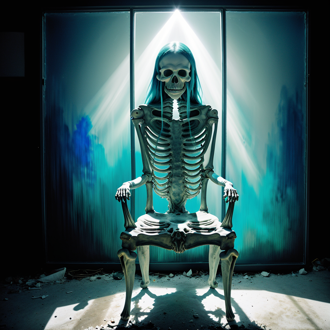 in front of an creepy aqua frosted mirrorpanel seeing through it a chair made of human bones and a bright light behind it, weathered canvas and brushstroke, in the style of takato yamamoto, unfinished, ugly, <lora:takma2:1.2>