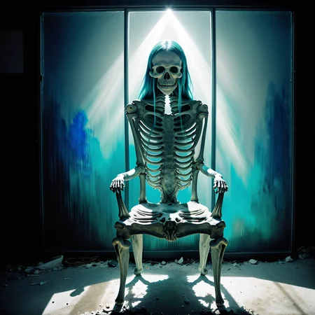 in front of an creepy aqua frosted mirrorpanel seeing through it a chair made of human bones and a bright light behind it, weathered canvas and brushstroke, in the style of takato yamamoto, unfinished, ugly, <lora:takma2:1.2>