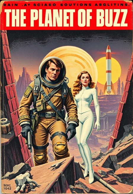 Pulp Paperback book cover, A dynamic and dramatic cover for an science fiction pulp magazine, the title "THE PLANET OF BUZZ" featuring two space explorers discovering a mysterious, ruined  alien city. One of the explorers is a handsome, rugged Man in a battered spacesuit while the other is a beautiful woman in a pristine white spacesuit with improbably perfect makeup and hair. A retro rocketshit stands in the distance. The composition of the scene and alien background emphasize the drama and  sense of perilous adventure.
 vintage pulp cover, faded colors, worn edges, creased,retro illustration style, scuffed and weathered look, printed in mid-century design, signs of aging and heavy use, nostalgic and well-loved aesthetic.
 <lora:aidmaHyperrealism-FLUX-V0.1:0.8> <lora:Pulp_Cover_Art:0.9> <lora:retrofuturism_flux_lora_martintomov_v1:0.5>