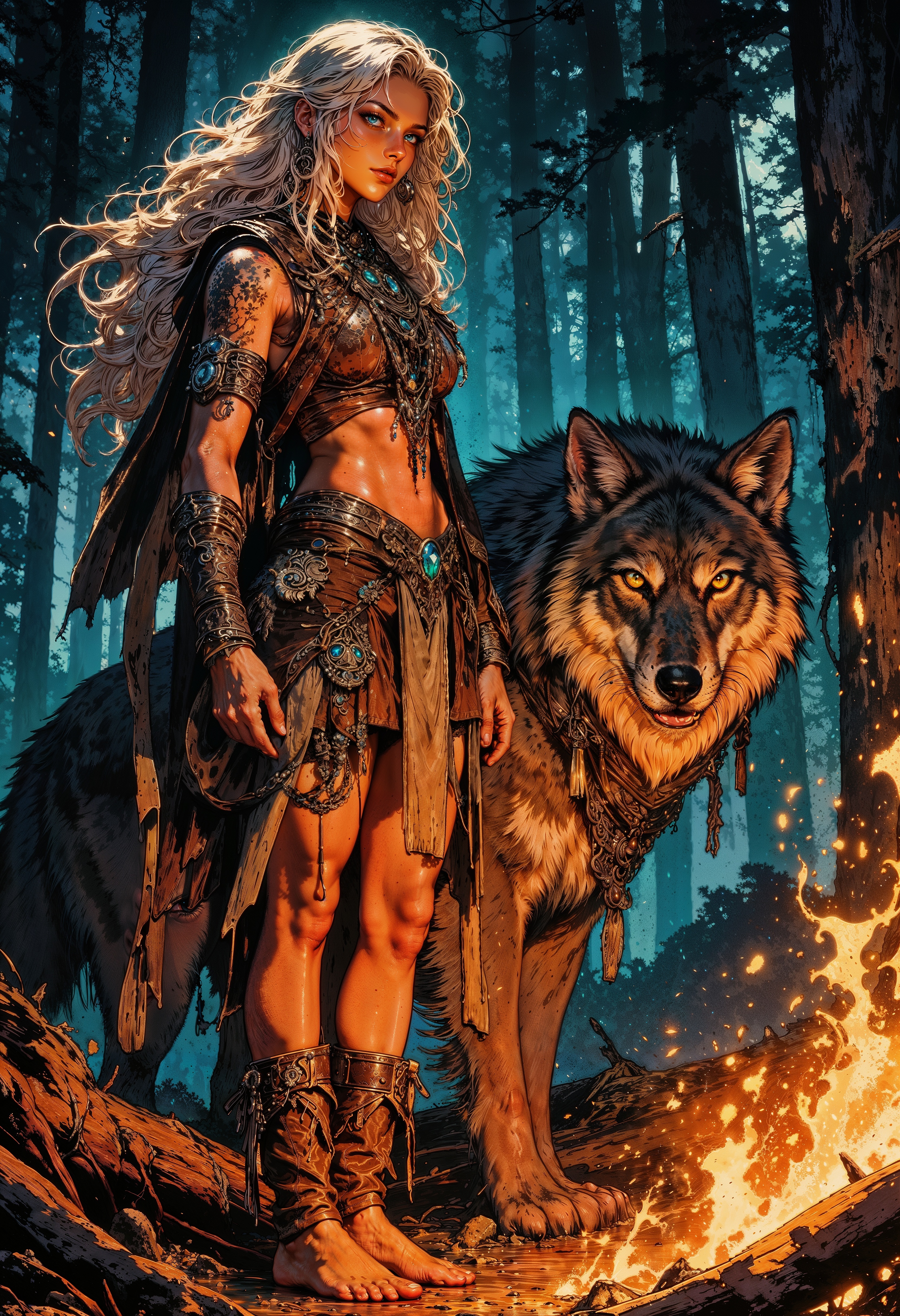 A fierce tribal huntress standing beside a massive, majestic wolf in a dense twilight forest. The woman has long, flowing blonde hair adorned with intricate beads and feathers, piercing blue eyes, and tribal tattoos decorating her toned arms. She wears an earthy-toned outfit crafted from leather and feathers, embellished with turquoise beads and natural elements. Her bare feet rest on the forest floor near a crackling campfire, casting warm orange glows on her skin. The wolf, with glowing amber eyes and thick fur, stands protectively beside her, exuding strength and loyalty. The forest is dimly lit, with floating embers and distant shafts of golden light filtering through the trees, adding an ethereal, mystical atmosphere. Ultra-realistic, highly detailed, fantasy art style, cinematic lighting, dynamic composition. <lora:RetroAnimeFluxV1:0.6> <lora:Comic book V2:0.6> <lora:FluxMythG0thicL1nes:0.6>  <lora:Elden_Ring_-_Yoshitaka_Amano:0.6>