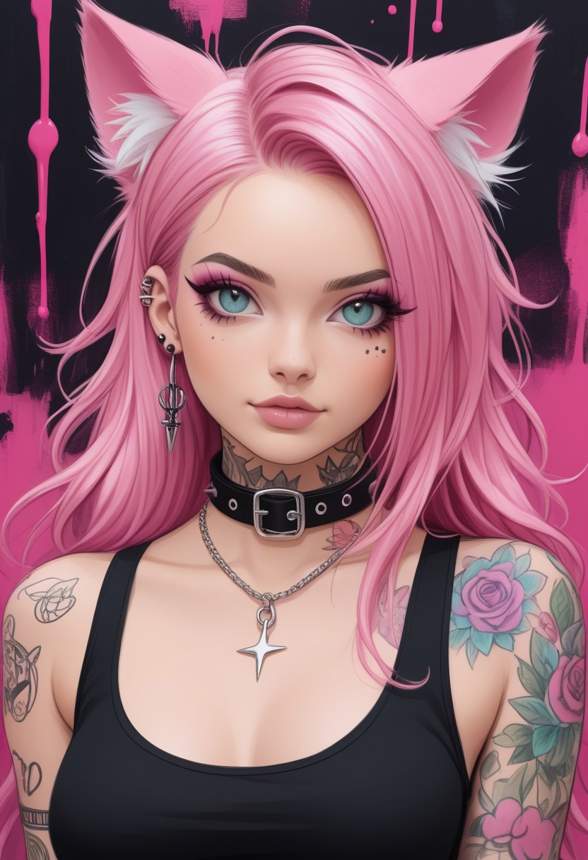 score_9, score_8_up, score_7_up, score_6_up pink hair, cat ears, pink collar, piercings, white crop top tattoos, sexy punk, long hair, colourful background
imbasketchstyle, sketch, paint , masterpiece, hyperrealistic, ultra detailed,
cute style,