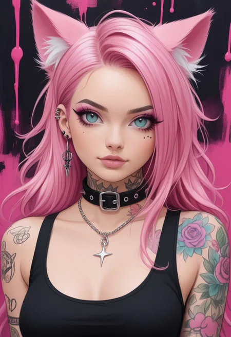score_9, score_8_up, score_7_up, score_6_up pink hair, cat ears, pink collar, piercings, white crop top tattoos, sexy punk, long hair, colourful background
imbasketchstyle, sketch, paint , masterpiece, hyperrealistic, ultra detailed,
cute style,