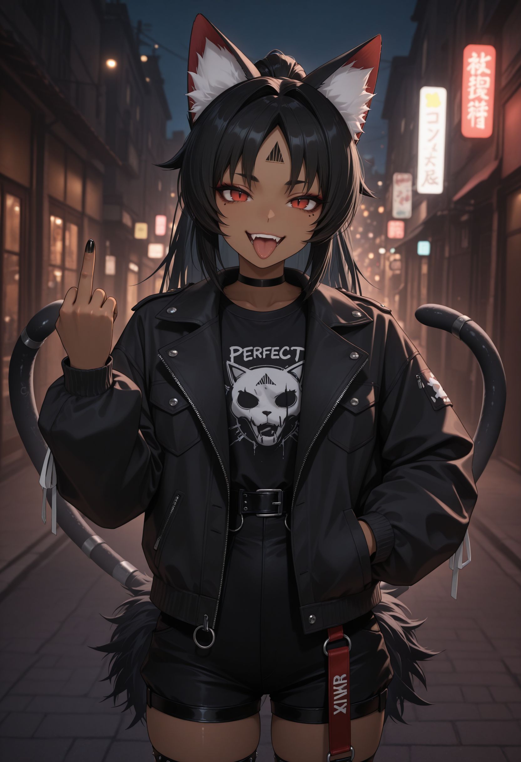 masterpiece,best quality,absurdres,highres,very aesthetic,high quality,detailed,insanely detailed,beautiful,perfect lighting, looking at viewer,
 <lora:Nekomiya v2 illu:1> 1girl, dark-skinned female, long hair, black hair, red eyes, facial mark, animal ears, animal ear fluff, cat girl, multiple cat tail, two tails, ponytail, ((punk outfit,)), smile, open jacket, hand on pocket, goth eyeliner, open mouth, full teeth, middle finger, tongue out, black nails, looking at viewer, outdoor, street, night, punk expression,