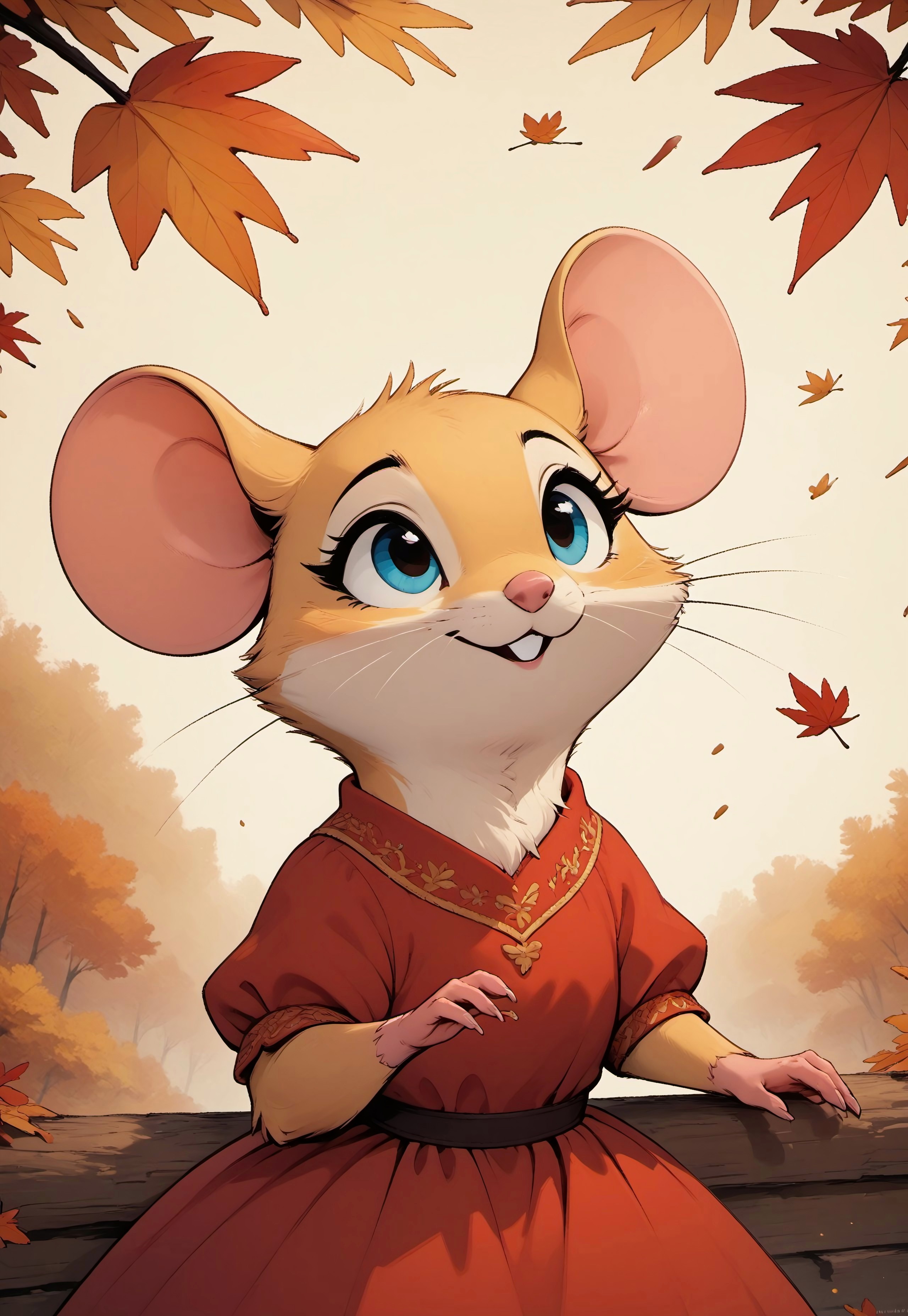 score_9, score_8_up, score_7_up, score_6_up, score_5_up, score_4_up,
[][][][][]
m0use_goldie, cuillu, outdoors, autumn, falling leaves, happy expression, cute, (upper body shot:1.5), red dress, (feral:1.5), (looking up:1.5)