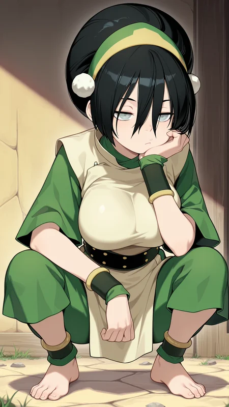 masterpiece,best quality,amazing quality, absurdres, solo, 1girl, large breasts, <lora:IlluToph:1> illutoph, blind, grey eyes, black hair, hair between eyes, hairband, wristband, tunic, capri pants, squatting, spread legs, barefoot, elbow rest, anklet, bored