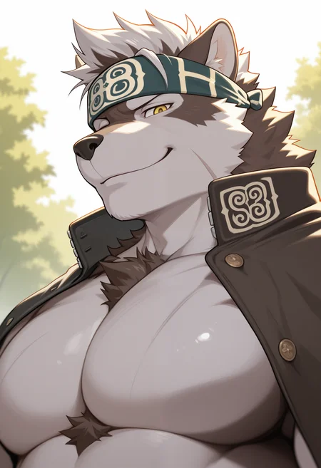masterpiece,best quality, amazing quality, 1boy, solo, hork3u, furry male, green headband, jacket over shoulders, yellow eyes, close up, side angle, smug, smile,