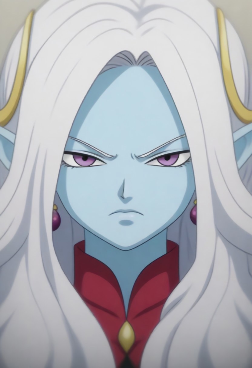 Masterpiece, Top Quality, source_anime, anime screencap, source_anime, auratheguillotine, anime screencap, masterpiece, source_anime, shiny skin,,,,towa(dragon ball), pointy ears, colored skin, blue skin, long hair, purple eyes,white hair, hair ornament, jewelry,