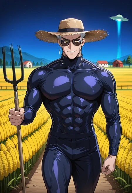 masterpiece, best quality, newest, absurdres, highres, very detailed,
muscular male, 
 sunglasses, straw hat, farm, farmer, holding pitchfork, american gothic, corn field, alien abduction in background, Flying saucer, night, fbi agent in background, v-sign, hand sign, smug,<lora:[Char - IL] Tenjou Tenge - Mitsuomi Takayanagi (v1-R2-E16):0.8> mitsuomi_takayanagi, bodysuit, YELLOW eyes, WHITE hair,