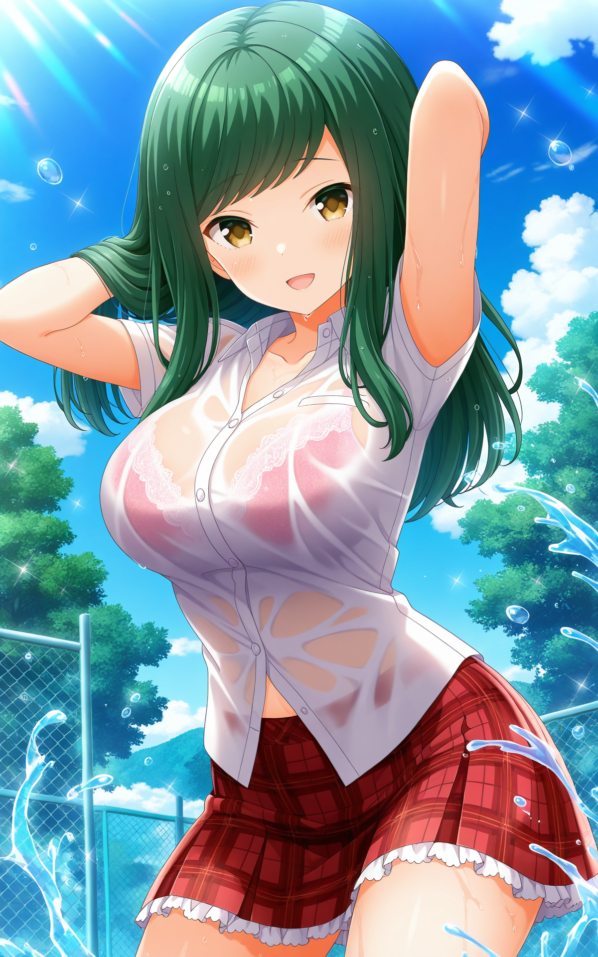 masterpiece, best quality, good quality, newest,4k, perfect lighting, cinematic, very aesthetic, official art, anime screencap, anime coloring,
1girl,solo,kokonoe shinobu,long hair,green hair,yellow eyes,large breasts,wet,seio school uniform,white shirt,short sleeves,collared shirt,collarbone,bra visible through clothes,
red skirt,plaid skirt,miniskirt,frilled skirt,thighs,midriff peek,
smile,open mouth,looking at viewer,blush,arms behind head,adjusting hair,
outdoors,sunlight,blue sky,splashing,BREAK
<lora:ILshinobu:0.9>