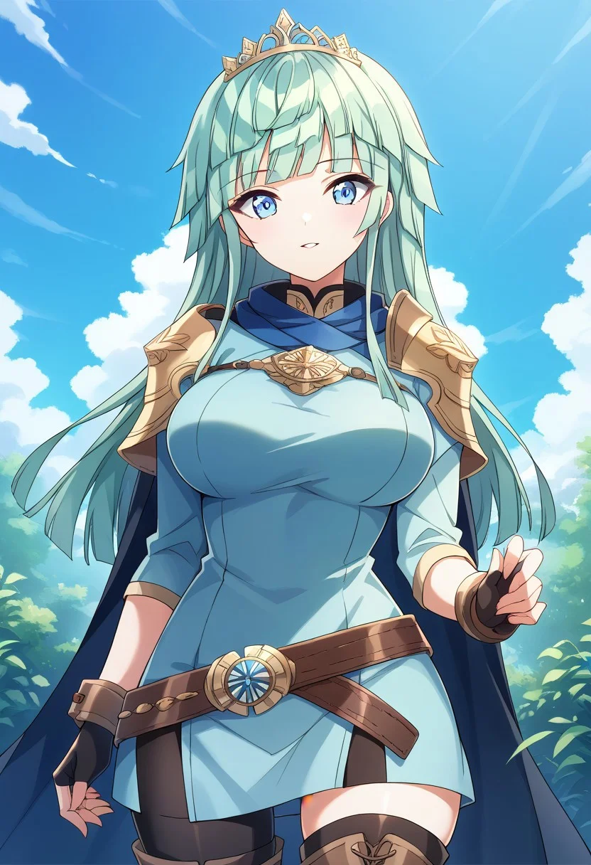 score_9, score_8_up, score_7_up, masterpiece, high quality, cowboy shot, 1girl, solo, front view, looking at viewer, outdoors, sky,
tiara, cape, shoulder armor, blue tunic, long sleeves, cuffs, blue scarf, fingerless gloves, belt, pants, thigh boots,
selenadw, blue eyes, mint hair, long hair, blunt bangs, blunt ends, kishimen hair, large breasts