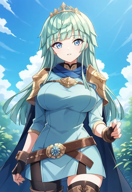 score_9, score_8_up, score_7_up, masterpiece, high quality, cowboy shot, 1girl, solo, front view, looking at viewer, outdoors, sky,
tiara, cape, shoulder armor, blue tunic, long sleeves, cuffs, blue scarf, fingerless gloves, belt, pants, thigh boots,
selenadw, blue eyes, mint hair, long hair, blunt bangs, blunt ends, kishimen hair, large breasts