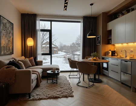 A modern apartment with a cozy living area, open kitchen, and small dining space, exuding warmth and comfort. Through the large window, a picturesque Russian city street is visible, blanketed in soft snow under a gray winter sky. The faint glow of streetlights and passing cars adds a touch of urban charm to the view.
The living area is centered around a plush sofa in a neutral tone, adorned with warm, textured throws and pillows in earthy hues. A compact, modern coffee table sits atop a shaggy area rug, with a few books and a steaming mug resting on its surface. Nearby, a tall floor lamp with a soft, golden glow creates an inviting atmosphere.
The kitchen features sleek, matte cabinets in a muted gray or off-white tone, with warm wood countertops that tie into the cozy aesthetic. Subtle under-cabinet lighting highlights a backsplash with a modern subway tile design. Stainless steel appliances are seamlessly integrated, while a few personal touches, like a French press and a bowl of fresh fruit, sit on the counter.
The small dining space is adjacent, featuring a round wooden table and upholstered chairs in muted tones. A simple pendant light hangs above the table, casting a soft, warm light. The window seat by the large window is dressed with cushions and a thick blanket, creating the perfect spot for watching the snowy street below.
The overall lighting is warm and layered, with ceiling lights, lamps, and natural light blending to emphasize the cozy ambiance. The décor is minimalist yet personal, with a few framed photos, potted plants, and books adding character to the space.
 <lora:iphone-dev-6:1> iphone photo