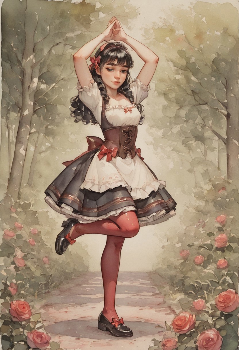 ( watercolor):2, (pastel colors), high detail, (lineless:1.2), (realistic), detailed, depth of field, dynamic lighting, masterpiece, detailed_eyes, high_quality, best_quality, highres, (muted colors), pencil lines, 
in the garden, among blooming roses, day,
woman in a dance pose, frontal, claps his hands together, leg extended, toe pointed,  frozen before the start of the dance,
black hair tied in a bun, strands in ringlets, (high comb in hair), proud, thin nose, black eyes, shadows under the eyes, thick eyebrows, narrow face, stern look, haughty, adult,
white shirt with a square neckline, shirt decorated with tassels, burgundy corset with embroidery, tightly pulled in at the waist, fluffy multi-layered skirt, (skirt below the knee), red tights, (black shoes with red bows and bells), gold buckles on shoes,square white apron,