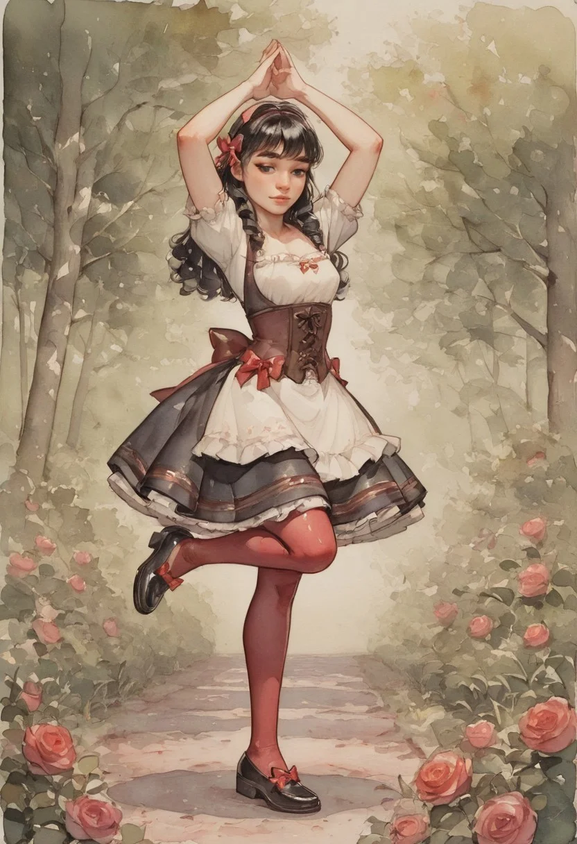 ( watercolor):2, (pastel colors), high detail, (lineless:1.2), (realistic), detailed, depth of field, dynamic lighting, masterpiece, detailed_eyes, high_quality, best_quality, highres, (muted colors), pencil lines, 
in the garden, among blooming roses, day,
woman in a dance pose, frontal, claps his hands together, leg extended, toe pointed,  frozen before the start of the dance,
black hair tied in a bun, strands in ringlets, (high comb in hair), proud, thin nose, black eyes, shadows under the eyes, thick eyebrows, narrow face, stern look, haughty, adult,
white shirt with a square neckline, shirt decorated with tassels, burgundy corset with embroidery, tightly pulled in at the waist, fluffy multi-layered skirt, (skirt below the knee), red tights, (black shoes with red bows and bells), gold buckles on shoes,square white apron,