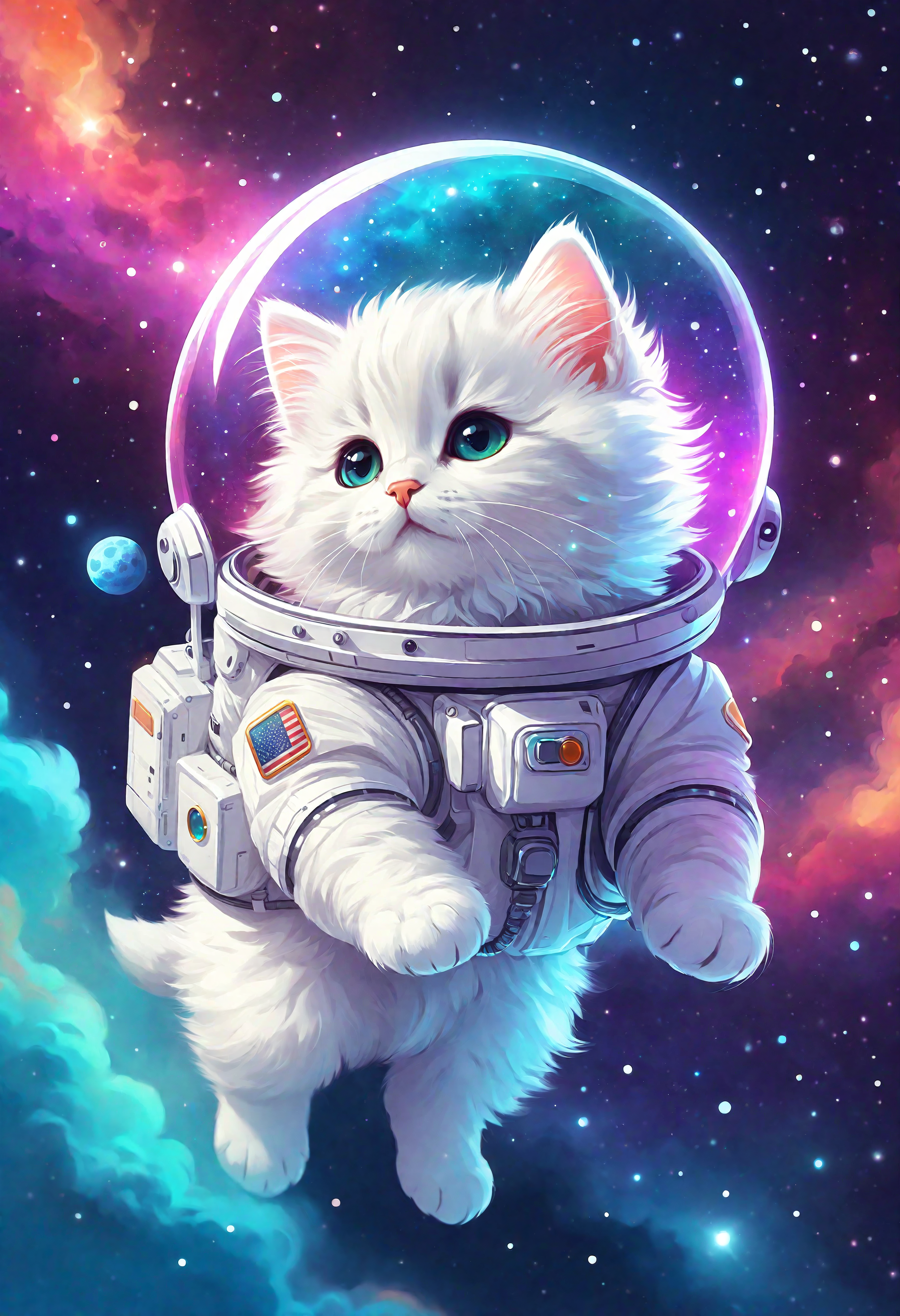 Art style of Apofiss, concept art, a cute translucent fluffy soft astronaut kitten glowing from within floating in space, colorful background