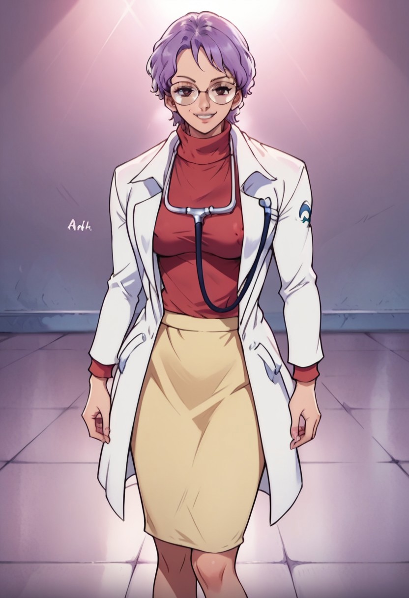 KobatoOP, 1girl, solo, purple hair, short hair, black eyes, lips, round glasses, large breast, white doctor coat, red jumper, light yellow skirt, grey shoes, knee-length skirt, lab coat, turtleneck, stethoscope,
seductive pose, sexy pose, tease,  in the spotlight,,
smile,
score_9, score_8_up, score_7_up, beautiful aesthetic, very intricate, high quality details,vibrant, highly detailed, award-winning, professional,anime artwork, anime style, studio anime, athletic, curvy body, athletic girl, perky tits,large breast,perfect tits, round breasts, nipple outline,looking at viewer, pinup pose,teasing, dynamic lighting, cinematic, smug, better than you, aura of temptation, highly detailed, high resolution, masterpiece, detailed clother, detailed background, highly detailed, ((sound effects)) comic layout,