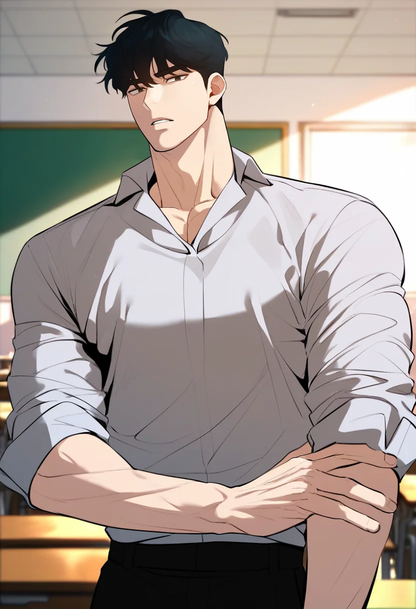 1boy, solo
<lora:Character - Designated Bully - Kwon Daegun:1> kwondaegun, black eyes, black hair, muscular, muscular male,
, zPDXL, score_9_up, score_8_up, score_7_up, score_6_up, score_5_up, score_4_up, best quality, normal aesthetic, absurdres, year2023, sfw, uncensored, 
classroom, looking at viewer, upper body, school uniform, sleeves rolled up,