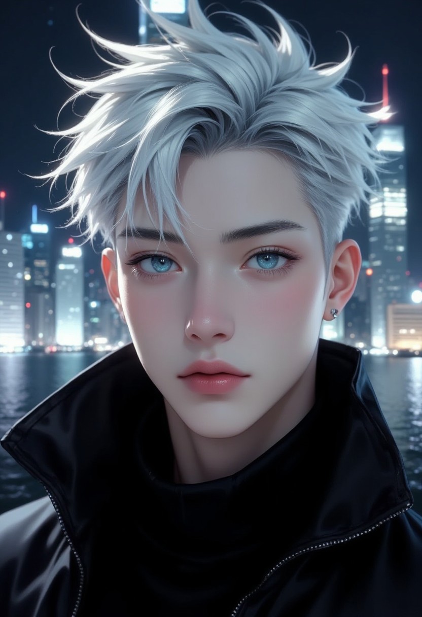 features a man with striking white hair styled in a modern, slightly messy fashion. His piercing blue eyes gaze intensely at the viewer, hinting at a depth of character. His skin is flawlessly pale, and his lips are delicately shaped, adding to his ethereal beauty. He is dressed in a black jacket with a high collar, creating a sense of mystery and intrigue. The background is a blurred cityscape illuminated by twinkling lights, suggesting a night setting and adding a layer of urban coolness to the overall aesthetic.