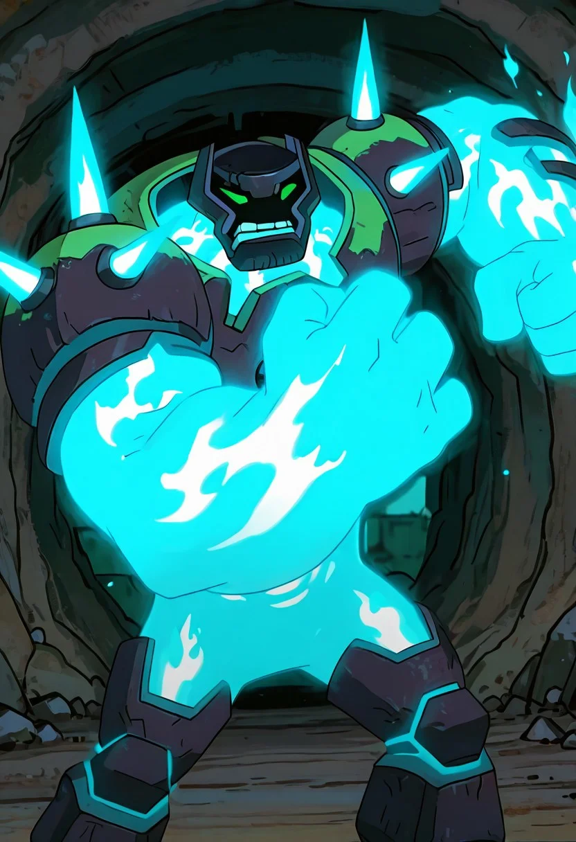 masterpiece, best quality, amazing quality, very aesthetic, absurdres, newest, , detailed background,
movie scene, cinematic scene, cinematic, foreground blur, depth of field,
shckrck, glowing, shoulder spikes, green eyes, helmet, neon trim, blue fire, big arms, massive arms, blue arms, no humans, male focus, short legs,
pyrokenisis, firebending, blue fire, fire punch, upper body, incoming punch, one hand back, teeth, angry,