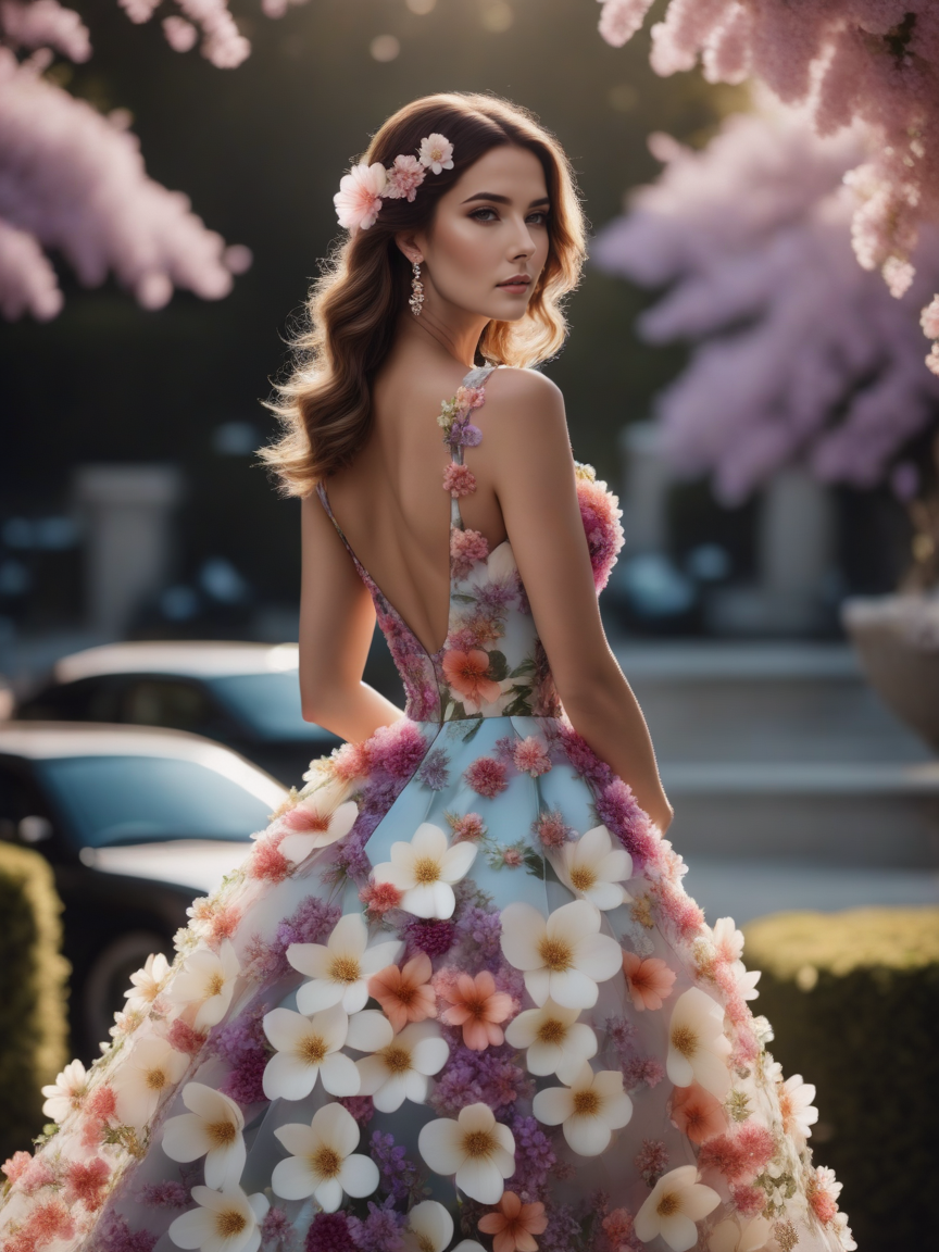 cinematic photo beautiful woman wearing a flower dress <lora:xl_flower_dress-1.0:0.8> . 35mm photograph, film, bokeh, professional, 4k, highly detailed