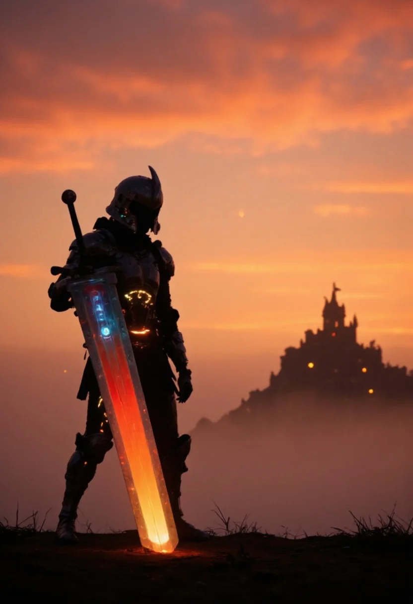 A knight stands in the foreground, his futuristic, gleaming armor glowing softly in the warm hues of a breathtaking orange and pink sunset. The fading light bathes the entire scene in a melancholic, golden glow, the sky painted in vibrant shades of amber, rose, and dusky violet. His armor, both sleek and intricate, reflects the sunset’s colors, making him appear almost otherworldly, with sharp angles and subtle glowing elements that suggest advanced technology.
The knight holding a giant sword, towering, his imposing figure filling the frame with both grace and danger. His gaze is distant, but there’s an undeniable aura of power and respect emanating from him, as if he's a guardian of an ancient, forgotten world. The soft light glints off his polished armor, revealing fine details, like etched patterns that tell untold stories of past battles.
Behind him, the mist lingers like a veil, adding an almost magical quality to the atmosphere, while the distant silhouette of a colossal black castle emerges from the fog. Its towering spires are faint but unmistakable, standing as a dark and imposing backdrop to the knight’s figure. The air is thick with mystery, and while the knight’s presence exudes awe and danger, the scene feels suspended in time—tranquil yet full of foreboding. The warm sunset casts an ethereal glow over everything, contrasting with the cold, stark presence of the knight and the eerie fog. It’s a moment frozen between two worlds: one of calm, magical beauty and the other of impending danger.