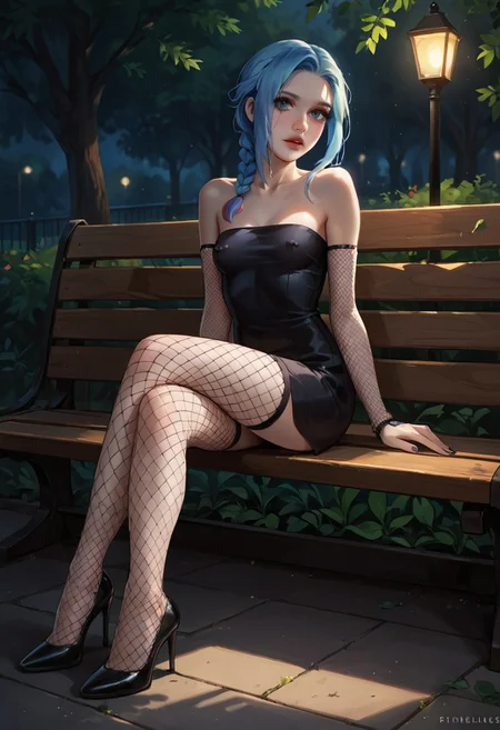 score_9, score_8_up, score_7_up, score_6_up, score_5_up, score_4_up, young woman, long blue colored braided hair, blue hair, thin body, pale skin, small breasts, long legs, covered_piercing, nipple piercing bulge, covered nipples, wearing black short dress, tight dress, strapless dress, wearing fishnet stockings, fishnet sleeves on wrists, sitting down on a Park bench, dangling high heel shoe from her foot, shoe dangle, very dark lighting, dynamic lighting,