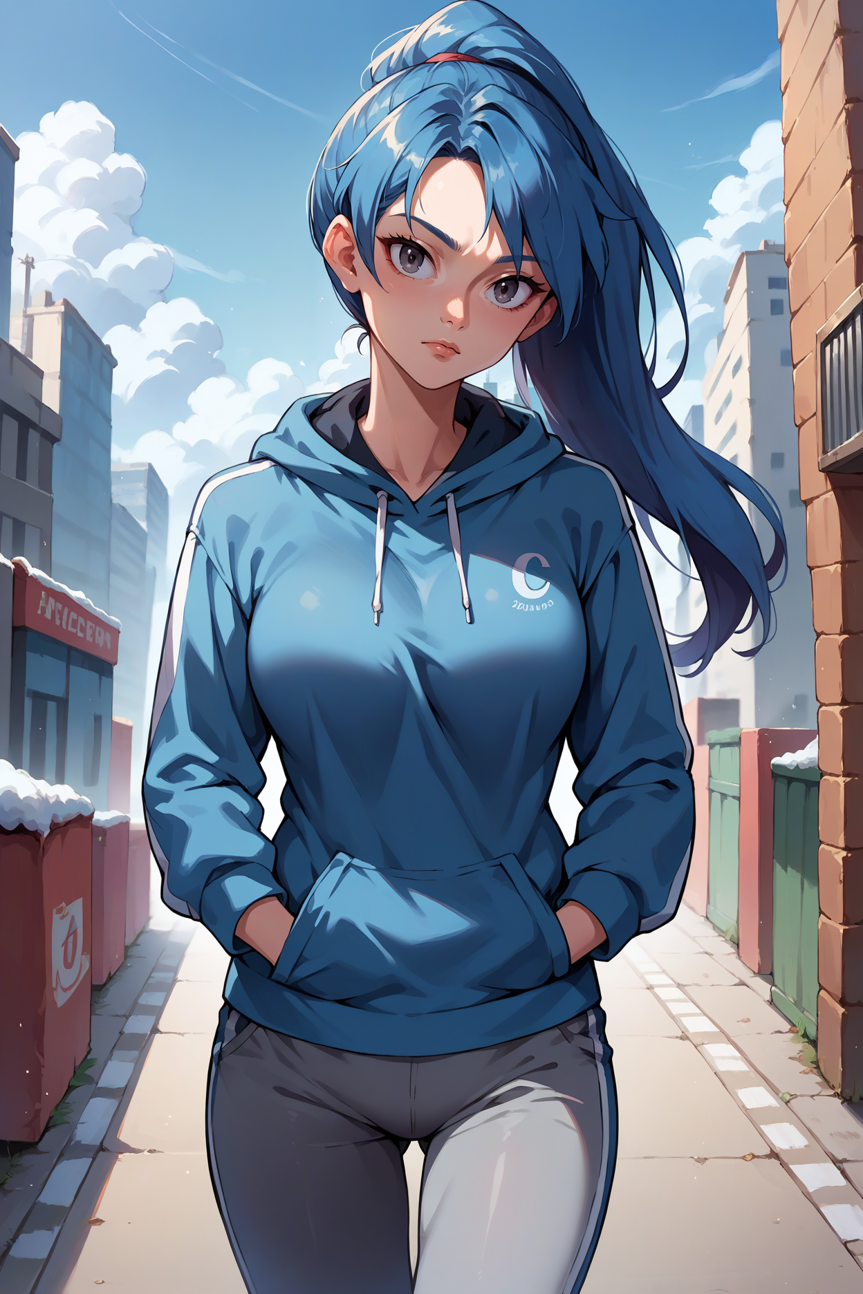 score_9, score_8_up, score_7_up, score_6_up, source_anime, 1girl, solo,  <lora:pkmnbattlegirl-pdxl-nvwls-v1-000006:1> btlgl, blue hair, grey eyes, ponytail, fit, blue hoodie, track pants, grey pants, hands in pockets, looking at you, big breasts, head tilt, blue sky, clouds, city, winter