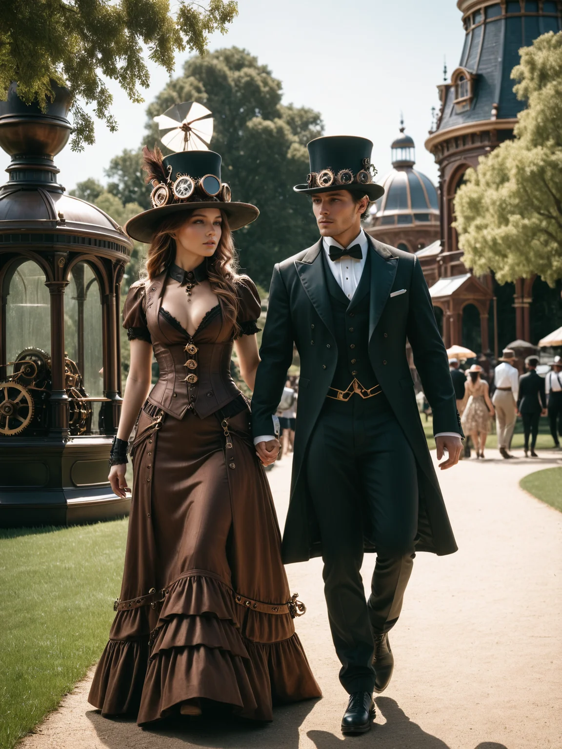 man wearing a top hatand tuxedo and woman wearing a wide summer hat and dress walking through park, steampunk, Victorian architecture, <lora:Gearbound_Steampunk_Chic_2_SDXL:0.9> mad-stpk-ht, raw photo, film grain, Fujifilm XT3, (photorealistic, realistic:1.2), deep shadow, 8k, uhd, dslr, ultra high res