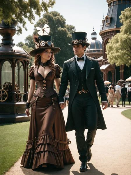 man wearing a top hatand tuxedo and woman wearing a wide summer hat and dress walking through park, steampunk, Victorian architecture, <lora:Gearbound_Steampunk_Chic_2_SDXL:0.9> mad-stpk-ht, raw photo, film grain, Fujifilm XT3, (photorealistic, realistic:1.2), deep shadow, 8k, uhd, dslr, ultra high res