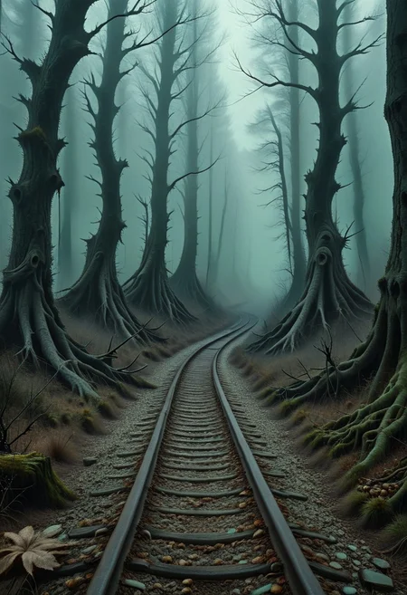 Abandoned rusty and curved railway track stretching into the foggy distance in a dark, ancient forest, twisted gnarled trees with bare branches, thick mist between trunks, gloomy autumn mood, overcast sky, cinematic horror atmosphere, muted colors, shades of gray and dark green, eerie silence, haunting vibe, style of psychological thriller movie, film grain, realistic textures, 8K, ultra-detailed, directed by David Lynch