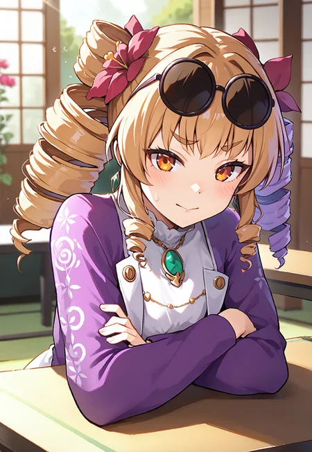 1girl, solo, yorigami jo'on, (drill hair:1.2), (eyewear on head:1.3), (jewelry:1.3), (white dress:1.4), (purple jacket:1.5), (facing camera:0.8), (slightly open mouth:0.1), natural pose, (light entering from left:1.5), (Japanese-style temple:1.5), (sliding doors:1.4), (vibrant flower garden:1.2), (blurred temples in background:0.8), (character's left shoulder closer:1.3), (thick paint style:1.4), (facing down shyly:1.1), (blushing:0.7), (jewelry:1.3), (white dress:1.4), (purple jacket:1.1), (facing camera:1.5), (shy smile:0.2), (nervous smile:0.7), (head tilted clockwise:1.3), (shoulders slightly hunched:1.2), (sliding doors:1.4), (vibrant flower garden:1.2), (blurred temples in background:0.8), (arms resting on table:1.5), (hands resting firmly on table:1.2), (arms on table:1.6), (no hand movement:1.3), (crossed arms on table:1.6), (thick paint style:1.4), (head slightly tilted:1.3), (furrowed brows:1.7), (mouth slightly open with smile:0.4), (embarrassed:1.5)(looking at the camera:1.6), (playful yet uncomfortable expression:1.2), (slight shoulder shrug:1.3), body leaning slightly forward, soft sunlight shining in from the left, temple room with sliding doors half-open, colorful flowers outside, other distant Japanese buildings blurred, (morning light:0.8), (bright:0.6), warm lighting, anime style highly detailed shadows, warm atmosphere, anime art style, sunlight on face, soft glow. <lora:char-joon:1>