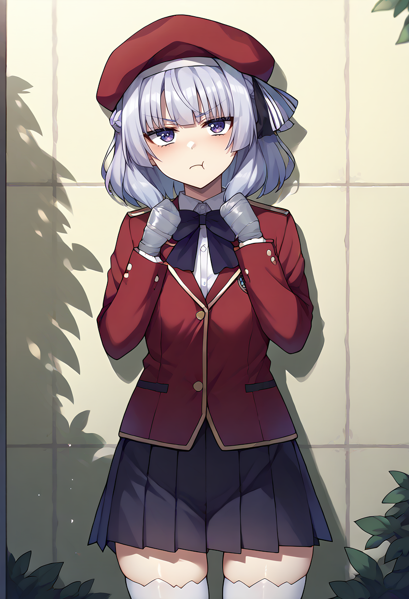 score_9,score_8_up,score_7_up,score_6_up,score_5_up,score_4_up,
1girl, sakayanagi arisu, short hair, french braid, beret, school uniform, black pleated dress, white thighhighs, bowtie, hair bow, red jacket, small breasts,
solo, cowboy shot, outdoors, dappled sunlight, against wall, leaf, looking at viewer, 
taped fingers, hands up, pout, 
<lora:tapedhandsmerge2:1> <lora:arisuponyxl-15:1> <lora:poutponyxl1-10:1>