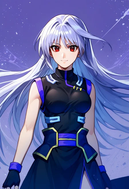 score_9, score_8_up, score_7_up, source_anime, solo, 1girl, Reinforce, long hair, white hair, single hair intake, red eye, long dress, black dress with purple trim, side slit, black gloves with purple trim, fingerless gloves, black corset with gold trim, sleeveless dress, bare shoulders, standing, smiling