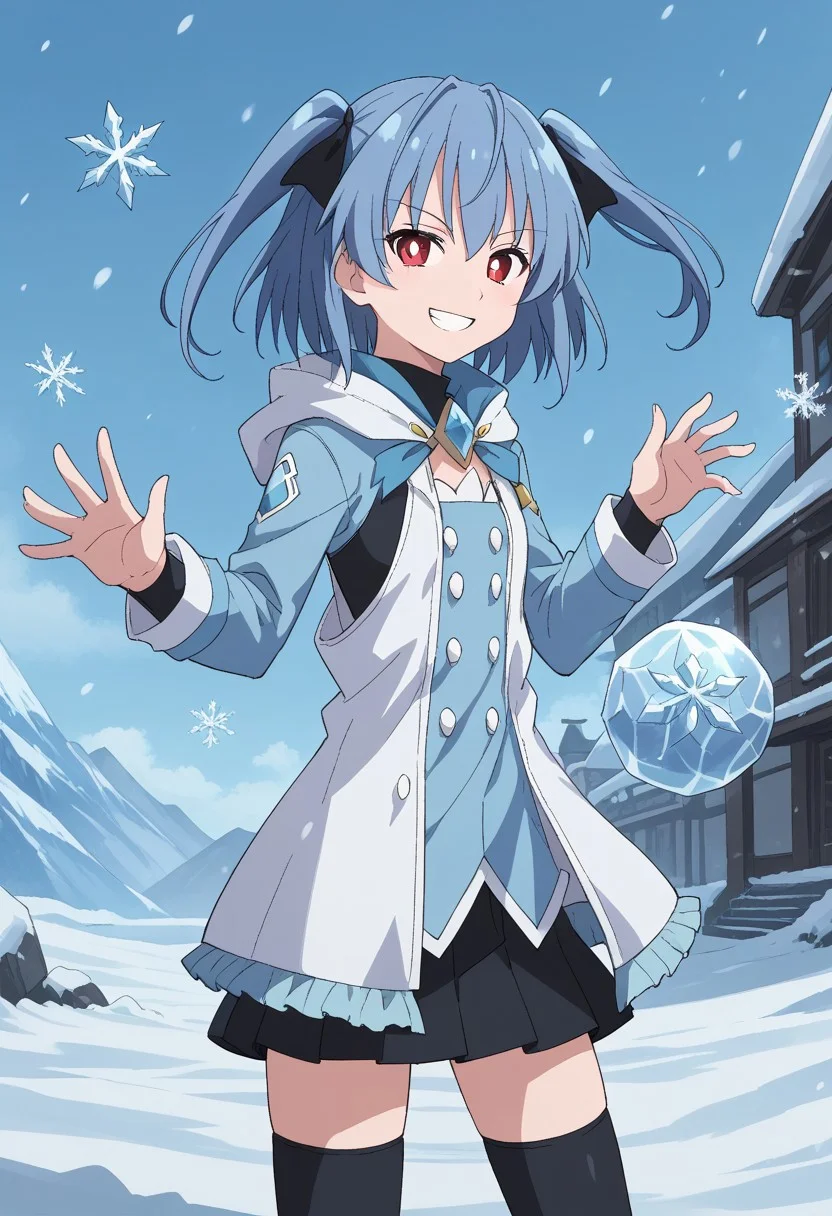 1girl, solo, sumirefrostia, mahoutouki, short hair, two side up, blue hair, red eyes, white pupils, grin, standing, outdoors, Icemagmb, ice, Snow, snowing, snowflakes, Ice ball,