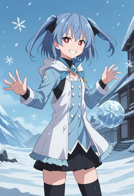 1girl, solo, sumirefrostia, mahoutouki, short hair, two side up, blue hair, red eyes, white pupils, grin, standing, outdoors, Icemagmb, ice, Snow, snowing, snowflakes, Ice ball,