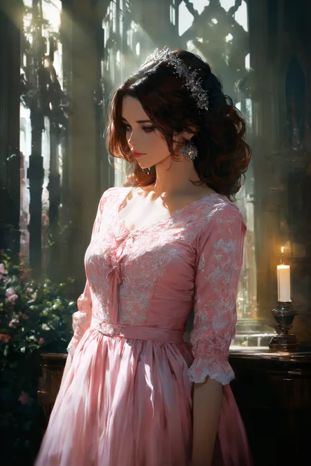 masterpiece,high score,great score,absurdres, Else Alfelt, <lora:tw1l1ght:1>,(tw1l1ght, realistic, depth of field, movie still, Clarice Beckett, international gothic, concept art),one of them is wearing a pink dress and the other is wearing a white dress, .
