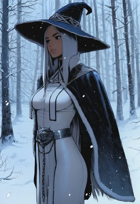 score_9, score_8, score_7, score_6, rating_explicit,
Source_anime, hentai manga, panels, 1women, witch, pale, dark eyes, cute face, open lips, breast curtain, cloak, hat, silver belt, halter top, gloves, tassels, embroidery, tight pants, blue colours, medium breasts, forest landscape, winter, snow, dramatic rim lighting