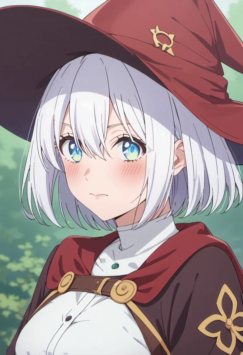 score_9, score_8_up, score_7_up, source_anime,nagomi, 1girl, solo, blue eyes, hat, hair between eyes, witch hat, short hair, blush, closed mouth, looking at viewer, red headwear, ribbon, white hair