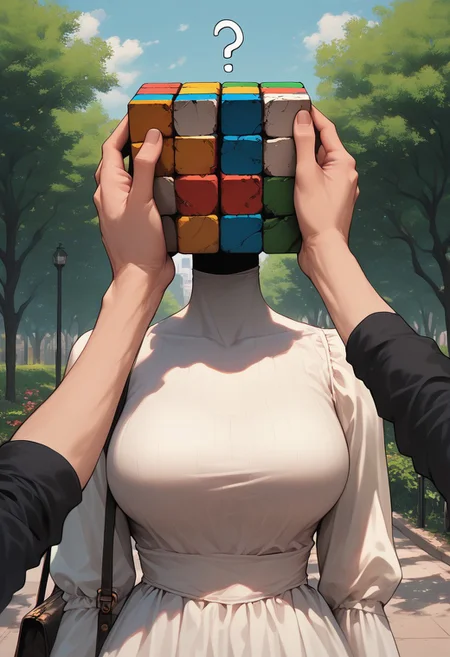 easynegative, source_anime, extremely detailed, score_9, score_8_up, score_7_up, score_6_up, object_head, h3ad, <lora:Insert_Head_Here:1> rubik's cube, faceless, headless, large breasts, cute dress, holding head in hands, close up, head focus, portrait, question mark, speech bubble, no eyes, no mouth, no chin, park background, detailed background, purse, pov male hands,
