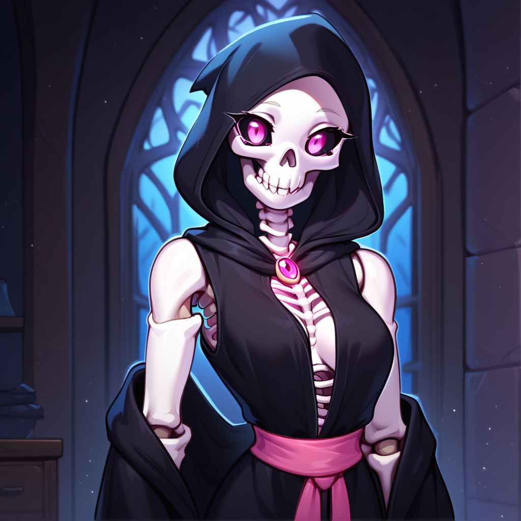 Skylar(character), skeleton, female, breasts, pink eyes, black sclera, monster girl, Upper body, inside, hood, black robe, sleeveless, joints, solo