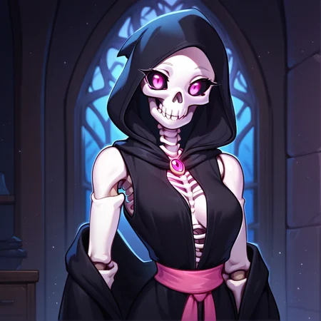 Skylar(character), skeleton, female, breasts, pink eyes, black sclera, monster girl, Upper body, inside, hood, black robe, sleeveless, joints, solo