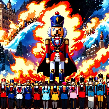retanime, Mike Deodato, midjourneyv6.1, nutcracker, hyper-detail, hyper-realism, cinematic, intricate detail, detailed background, masterpiece, best quality, high quality, highres, absurdres, very detailed, high resolution, sharp, sharp image, aesthetic, Score_9, score_8_up, score_7_up, score_6, source_anime, vibrant, colorful, retro_artstyle, 1990s_(style), a demon full of fire and brimstone