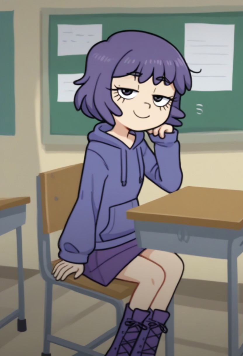 Sh4ri_WYSD, 1 girl, solo, short hair, purple hair, long eyelashes, purple hoodie, purple skirt, purple shoes, sitting on desk, looking at viewer, smiling, sleepy eyes,